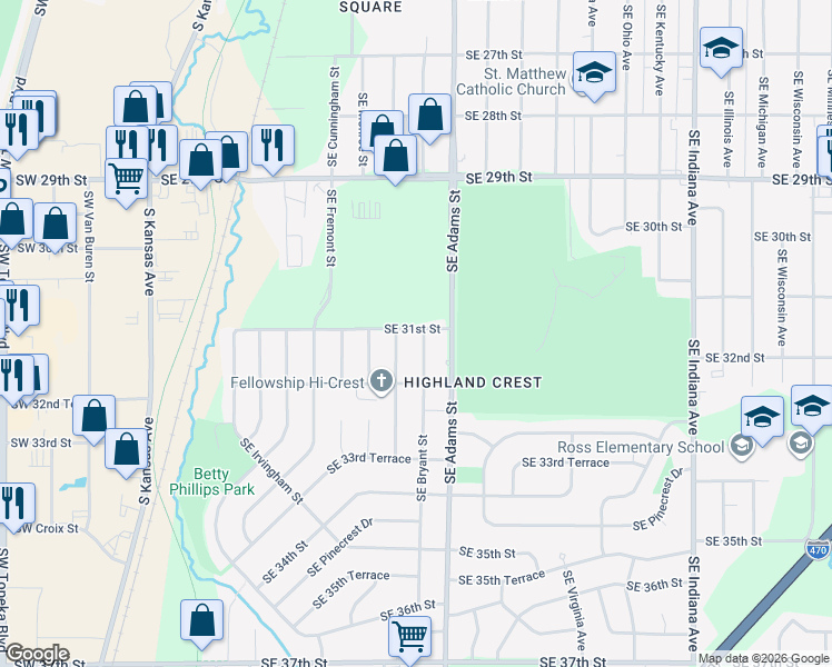map of restaurants, bars, coffee shops, grocery stores, and more near 3101 Southeast Bryant Street in Topeka