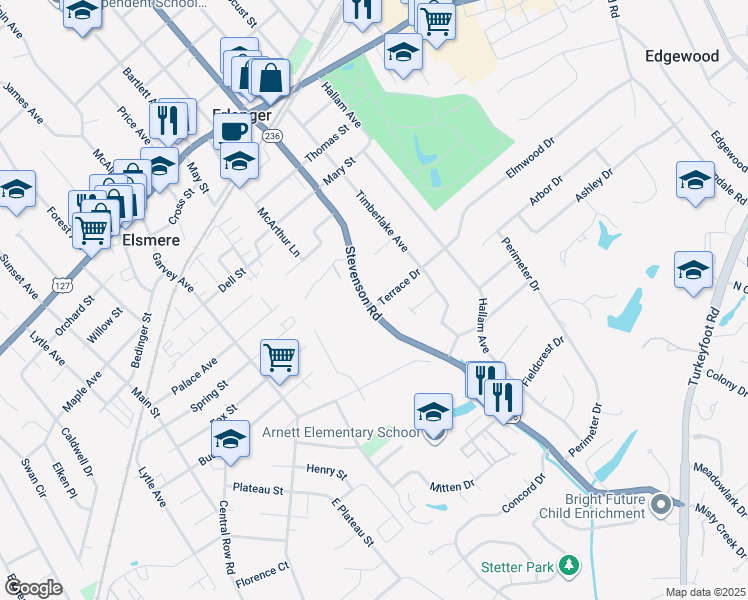 map of restaurants, bars, coffee shops, grocery stores, and more near 3422 Terrace Drive in Erlanger