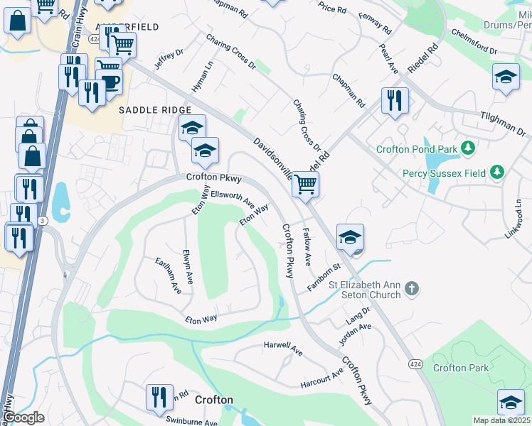 map of restaurants, bars, coffee shops, grocery stores, and more near 1503 Eton Way in Crofton