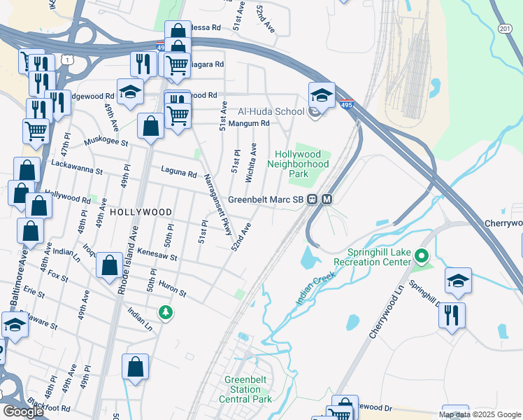 map of restaurants, bars, coffee shops, grocery stores, and more near 5201 Lackawanna Street in College Park