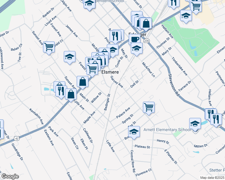 map of restaurants, bars, coffee shops, grocery stores, and more near 425 Bedinger Street in Elsmere