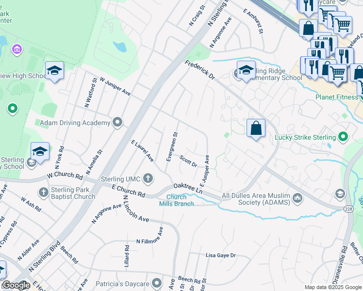 map of restaurants, bars, coffee shops, grocery stores, and more near 117 Coffee Tree Court in Sterling