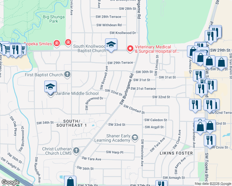 map of restaurants, bars, coffee shops, grocery stores, and more near 1759 Southwest 32nd Street in Topeka