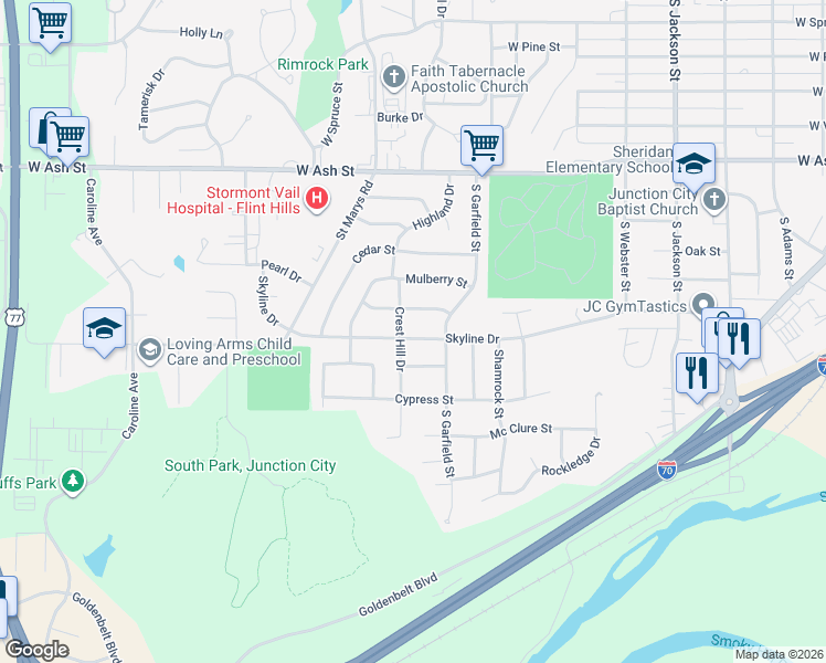 map of restaurants, bars, coffee shops, grocery stores, and more near 926 Skyline Drive in Junction City