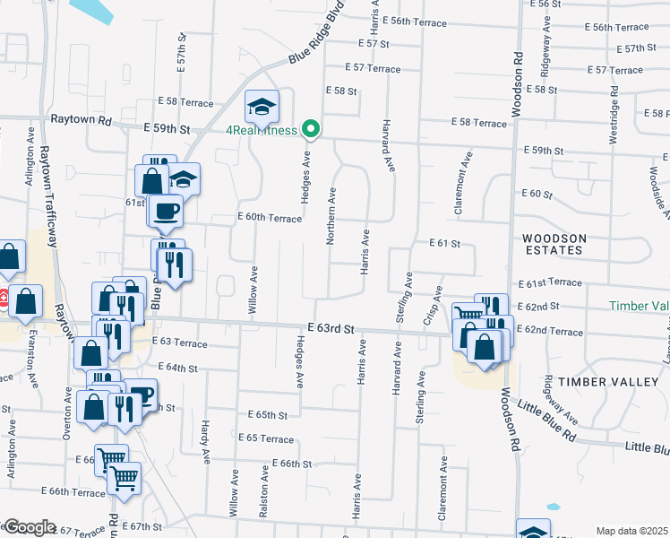 map of restaurants, bars, coffee shops, grocery stores, and more near 6202 Northern Avenue in Raytown