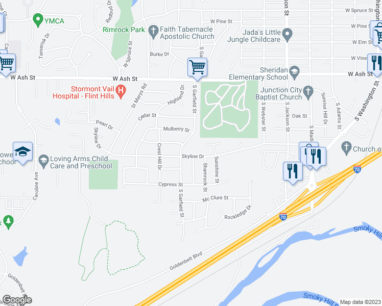 map of restaurants, bars, coffee shops, grocery stores, and more near 846 Skyline Drive in Junction City