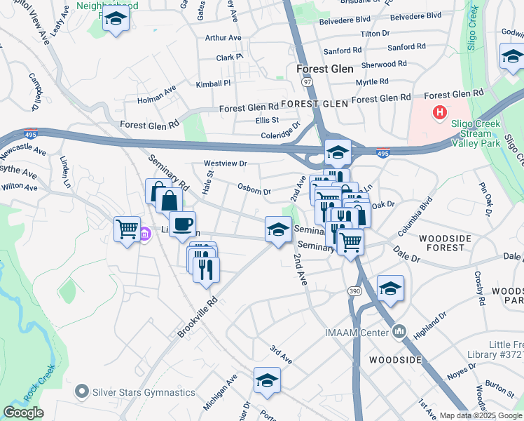 map of restaurants, bars, coffee shops, grocery stores, and more near 3 Burket Court in Silver Spring