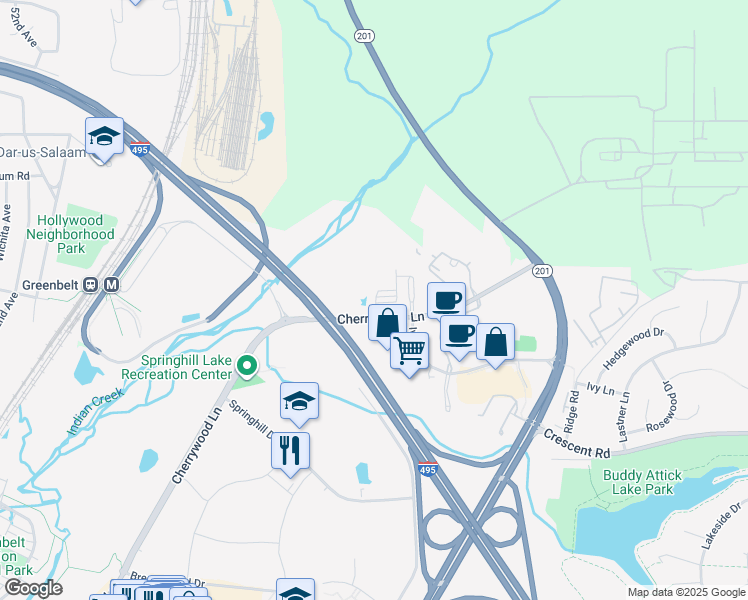 map of restaurants, bars, coffee shops, grocery stores, and more near 6400 Cherrywood Lane in Greenbelt