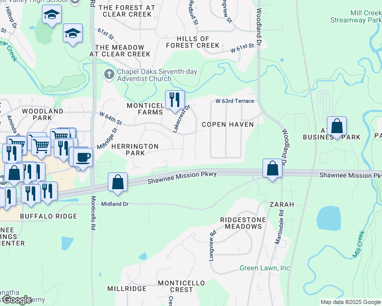 map of restaurants, bars, coffee shops, grocery stores, and more near 6508 Theden Street in Shawnee