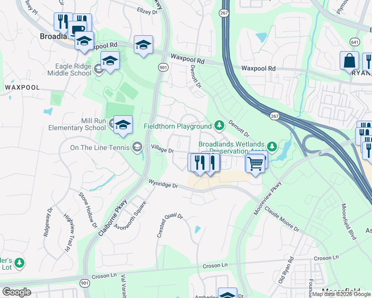 map of restaurants, bars, coffee shops, grocery stores, and more near 21905 Schenley Terrace in Broadlands