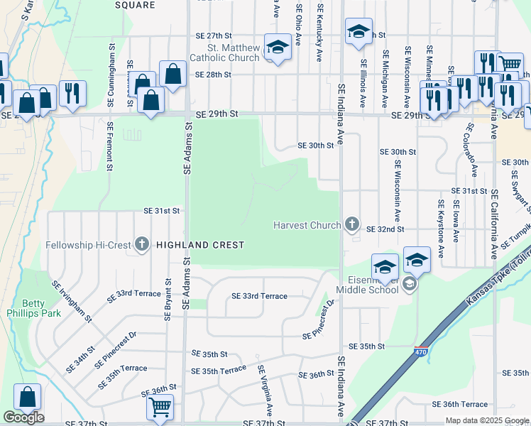map of restaurants, bars, coffee shops, grocery stores, and more near 913 Southeast 29th Street in Topeka