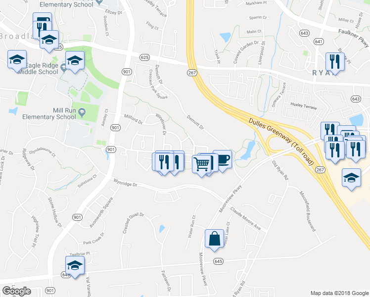 map of restaurants, bars, coffee shops, grocery stores, and more near 23228 Highgrove Terrace in Ashburn