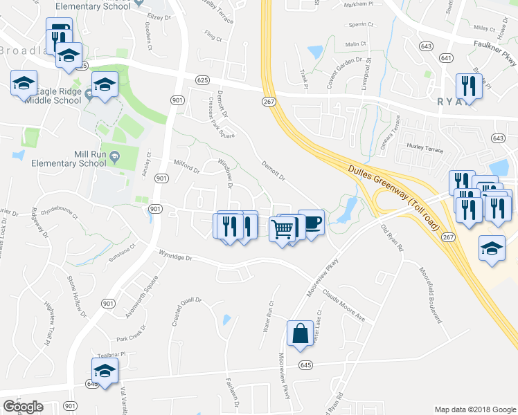 map of restaurants, bars, coffee shops, grocery stores, and more near 42622 Highgrove Terrace in Ashburn