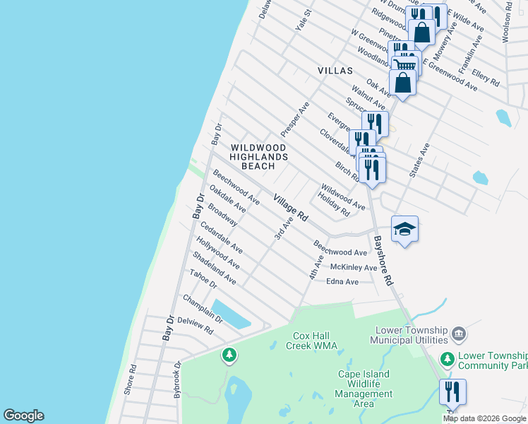 map of restaurants, bars, coffee shops, grocery stores, and more near 214 Beechwood Avenue in Villas
