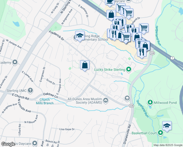 map of restaurants, bars, coffee shops, grocery stores, and more near 21871 Maywood Terrace in Sterling