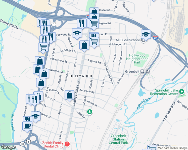 map of restaurants, bars, coffee shops, grocery stores, and more near 9605 50th Place in College Park