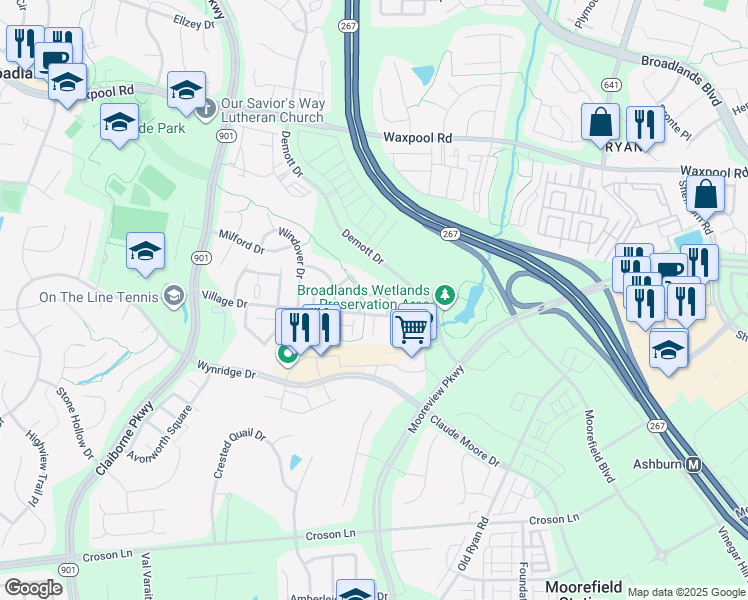 map of restaurants, bars, coffee shops, grocery stores, and more near 43261 Sunderleigh Square in Broadlands
