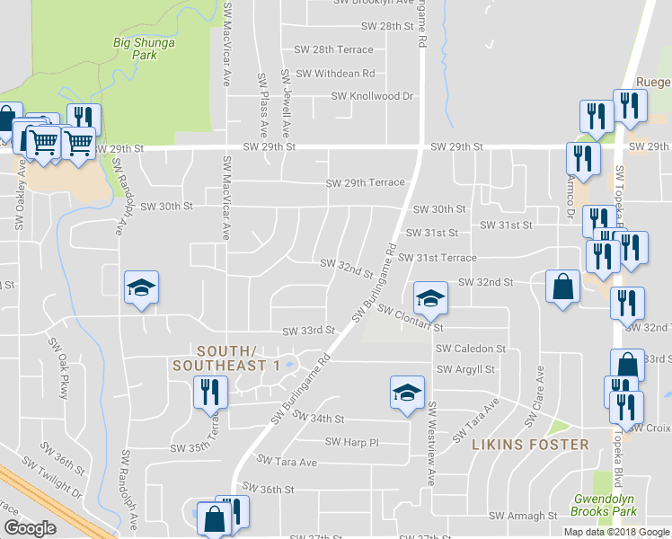 map of restaurants, bars, coffee shops, grocery stores, and more near 3201 Southwest College Avenue in Topeka