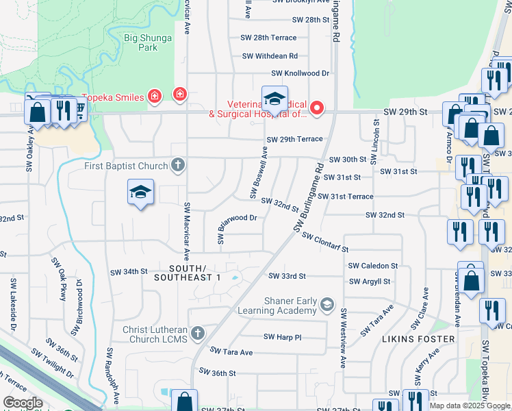 map of restaurants, bars, coffee shops, grocery stores, and more near 3201-3217 Southwest College Avenue in Topeka