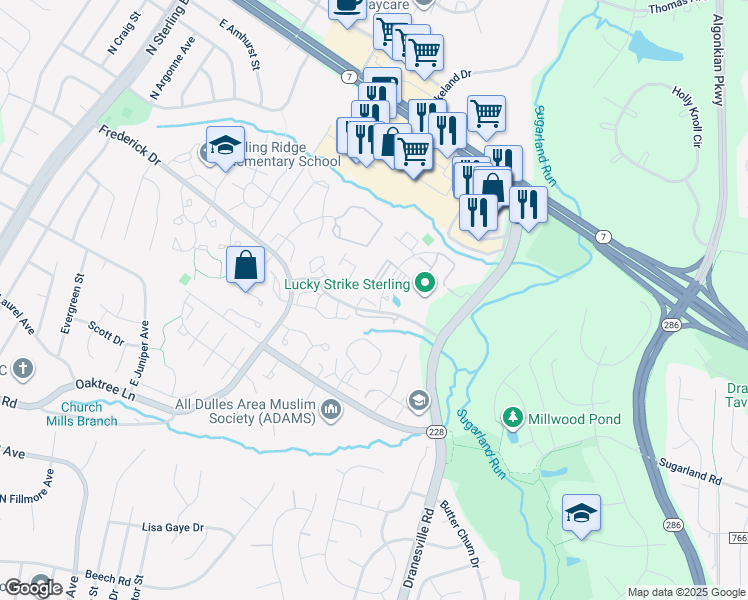 map of restaurants, bars, coffee shops, grocery stores, and more near 46880 Clarion Terrace in Sterling