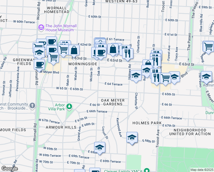 map of restaurants, bars, coffee shops, grocery stores, and more near 427 East 64 Terrace in Kansas City