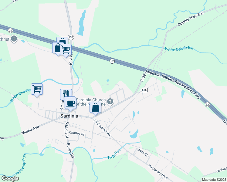 map of restaurants, bars, coffee shops, grocery stores, and more near 115 Pleasant Street in Sardinia