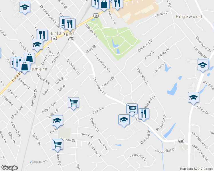 map of restaurants, bars, coffee shops, grocery stores, and more near 3415 Terrace Drive in Erlanger