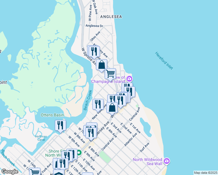 map of restaurants, bars, coffee shops, grocery stores, and more near 208 West Walnut Avenue in North Wildwood