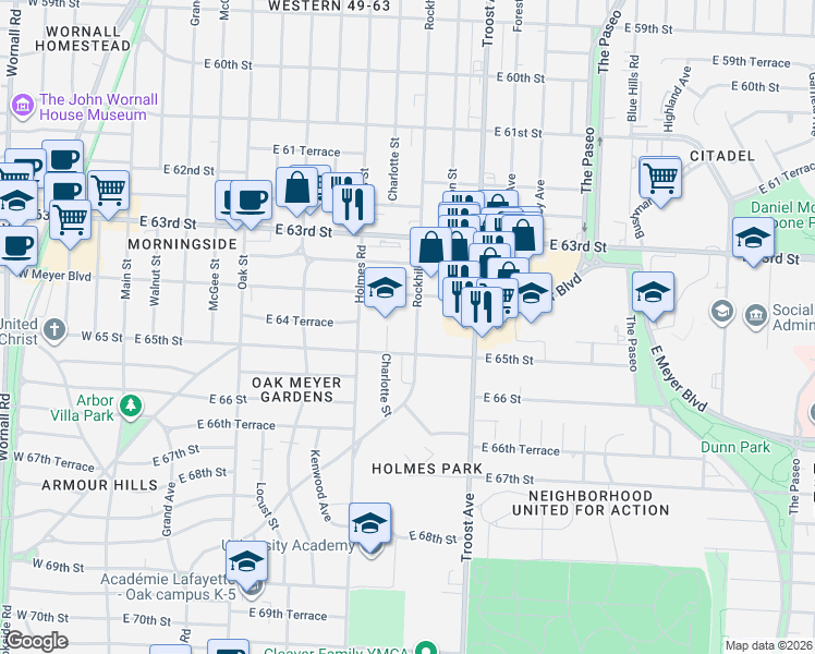 map of restaurants, bars, coffee shops, grocery stores, and more near 6429 Charlotte Street in Kansas City