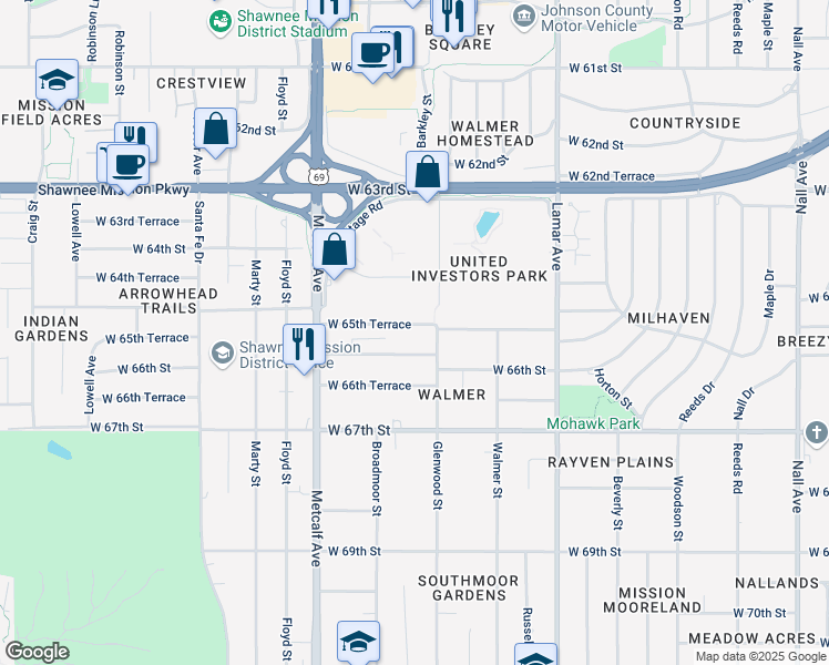 map of restaurants, bars, coffee shops, grocery stores, and more near 6711 West 65th Terrace in Mission