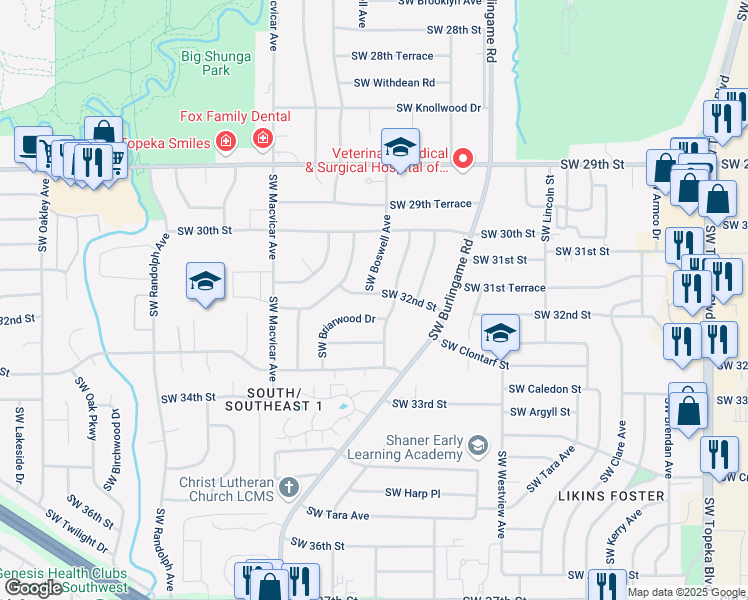 map of restaurants, bars, coffee shops, grocery stores, and more near 3201-3217 Southwest College Avenue in Topeka