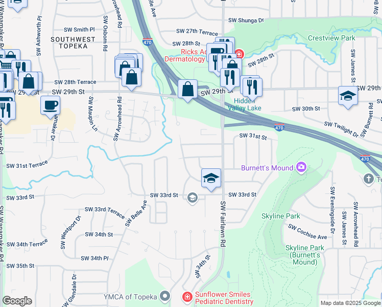 map of restaurants, bars, coffee shops, grocery stores, and more near 5318 Southwest 31st Terrace in Topeka
