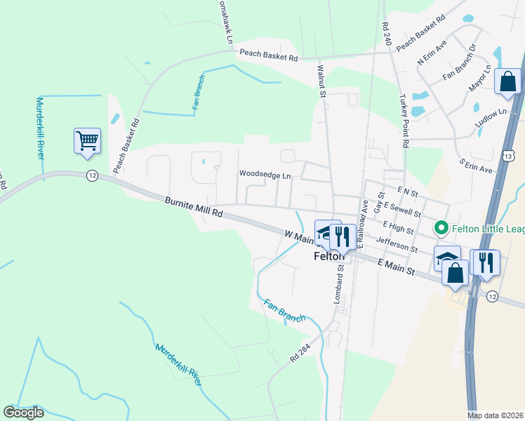 map of restaurants, bars, coffee shops, grocery stores, and more near 424 W High St in Felton