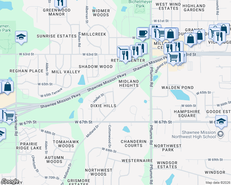 map of restaurants, bars, coffee shops, grocery stores, and more near 6507 Widmer Road in Shawnee