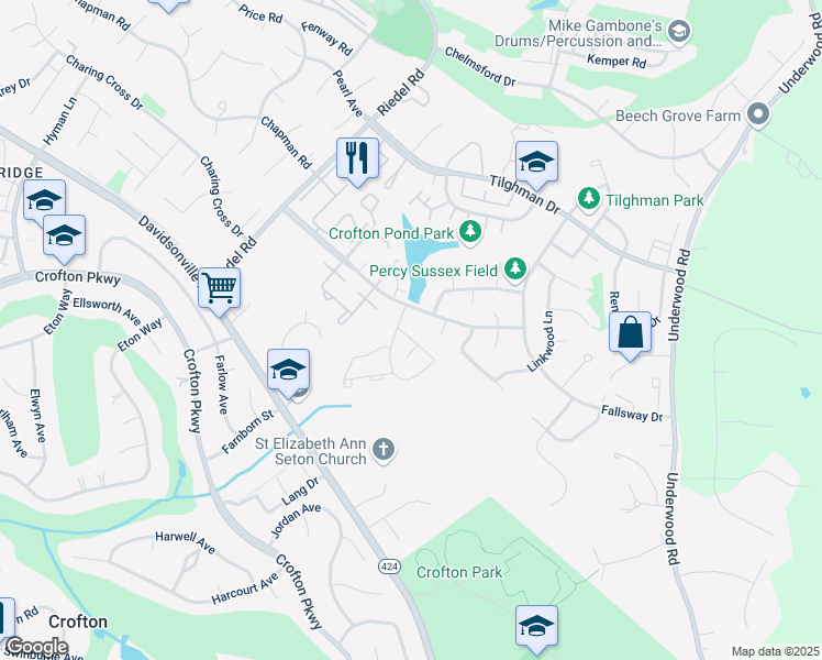 map of restaurants, bars, coffee shops, grocery stores, and more near 1706 Foxdale Court in Crofton