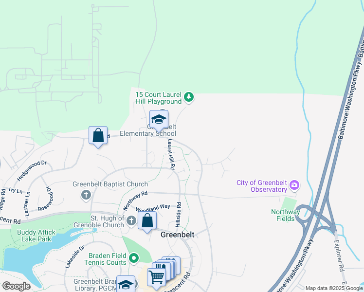 map of restaurants, bars, coffee shops, grocery stores, and more near 59c Ridge Road in Greenbelt