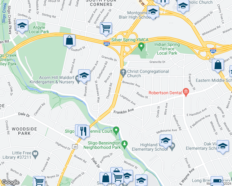 map of restaurants, bars, coffee shops, grocery stores, and more near Colesville Road in Silver Spring