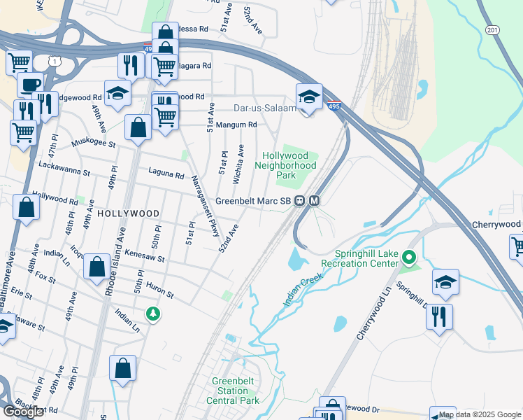 map of restaurants, bars, coffee shops, grocery stores, and more near 9699 53rd Avenue in College Park