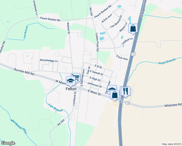 map of restaurants, bars, coffee shops, grocery stores, and more near 20 East Sewell Street in Felton