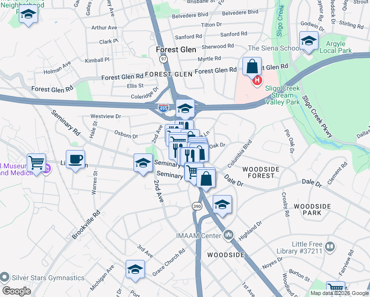map of restaurants, bars, coffee shops, grocery stores, and more near 9510 Georgia Avenue in Silver Spring