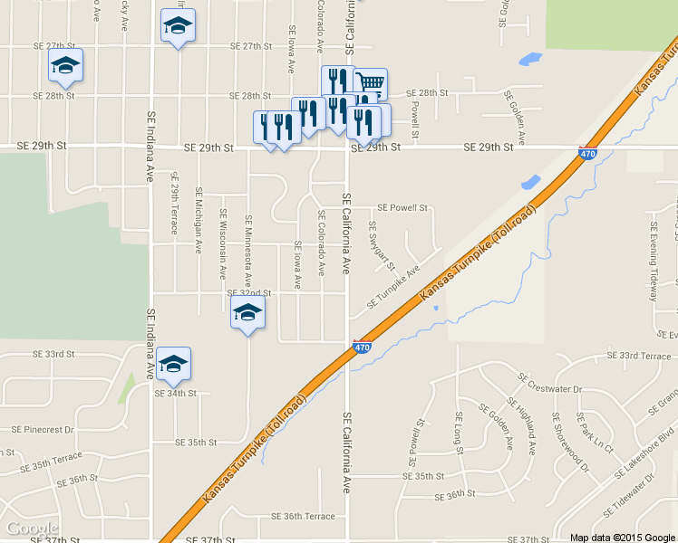 map of restaurants, bars, coffee shops, grocery stores, and more near 3123 Southeast California Avenue in Topeka