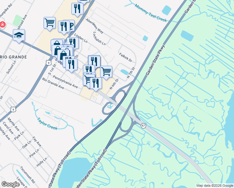 map of restaurants, bars, coffee shops, grocery stores, and more near 202 North 6th Street in Middle Township