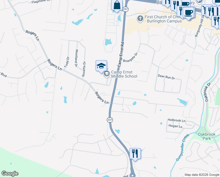 map of restaurants, bars, coffee shops, grocery stores, and more near 6597 Camp Ernst Road in Burlington