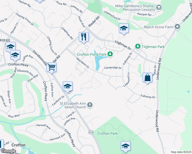 map of restaurants, bars, coffee shops, grocery stores, and more near 1706 Foxdale Court in Crofton