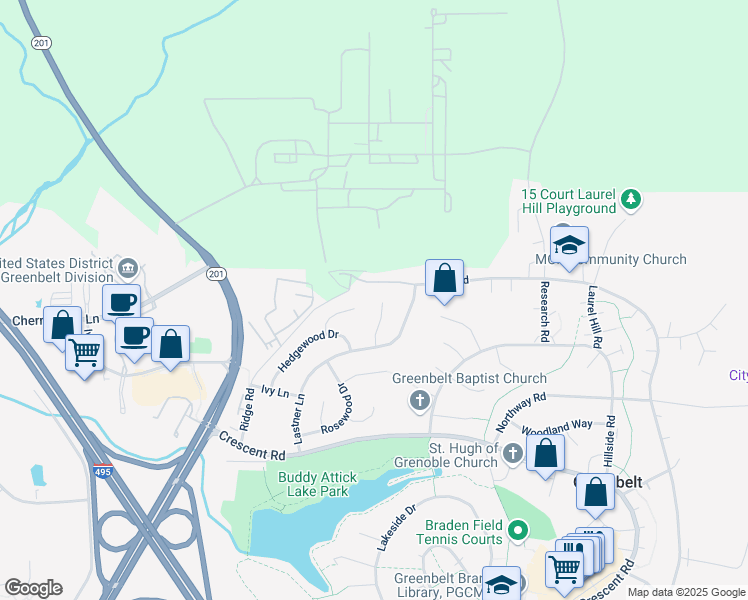 map of restaurants, bars, coffee shops, grocery stores, and more near 115 Julian Court in Greenbelt