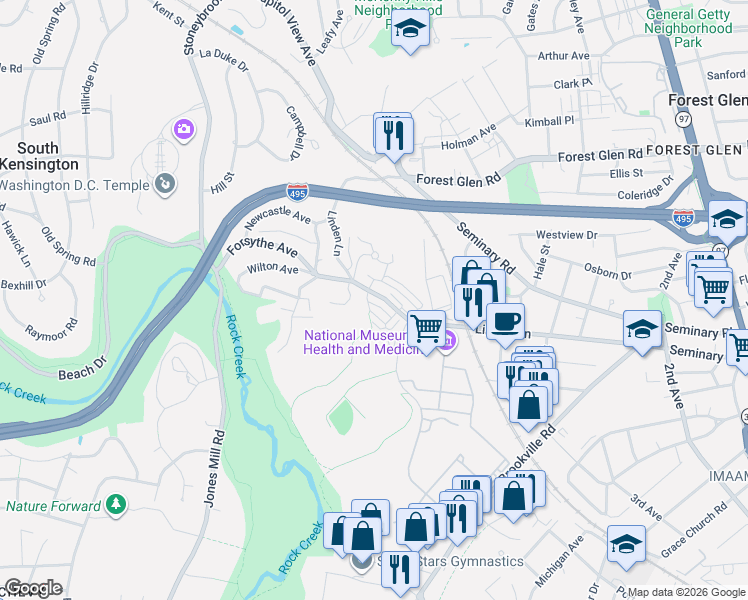 map of restaurants, bars, coffee shops, grocery stores, and more near 2736 Linden Ln in Silver Spring