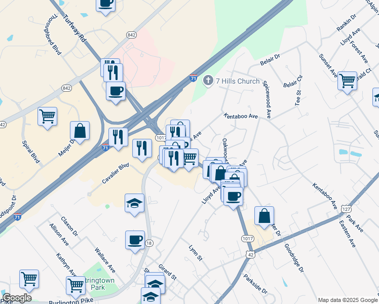 map of restaurants, bars, coffee shops, grocery stores, and more near 6713 Curtis Way in Florence