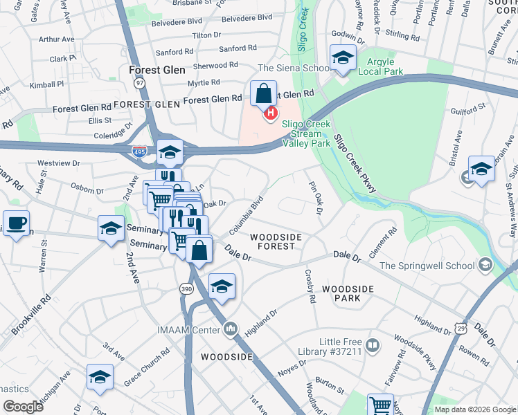 map of restaurants, bars, coffee shops, grocery stores, and more near 9423 Columbia Boulevard in Silver Spring