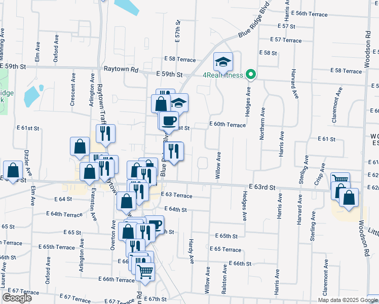 map of restaurants, bars, coffee shops, grocery stores, and more near 6132 Ash Court in Raytown
