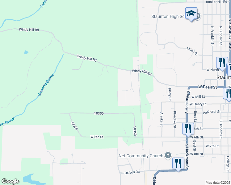 map of restaurants, bars, coffee shops, grocery stores, and more near 335 Golden Eye Court in Staunton